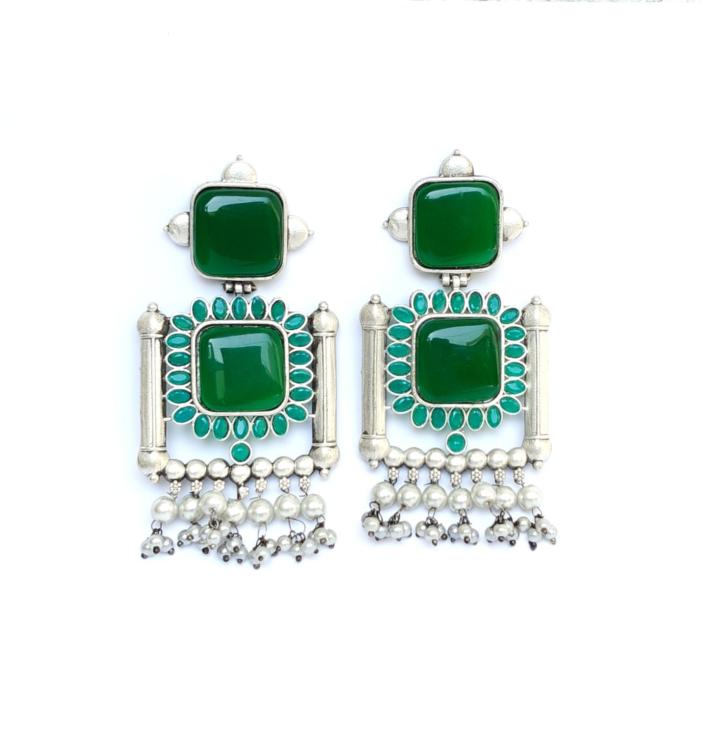 TRADITIONAL OXIDISED EARRINGS WITH GREEN MONALISA STONE