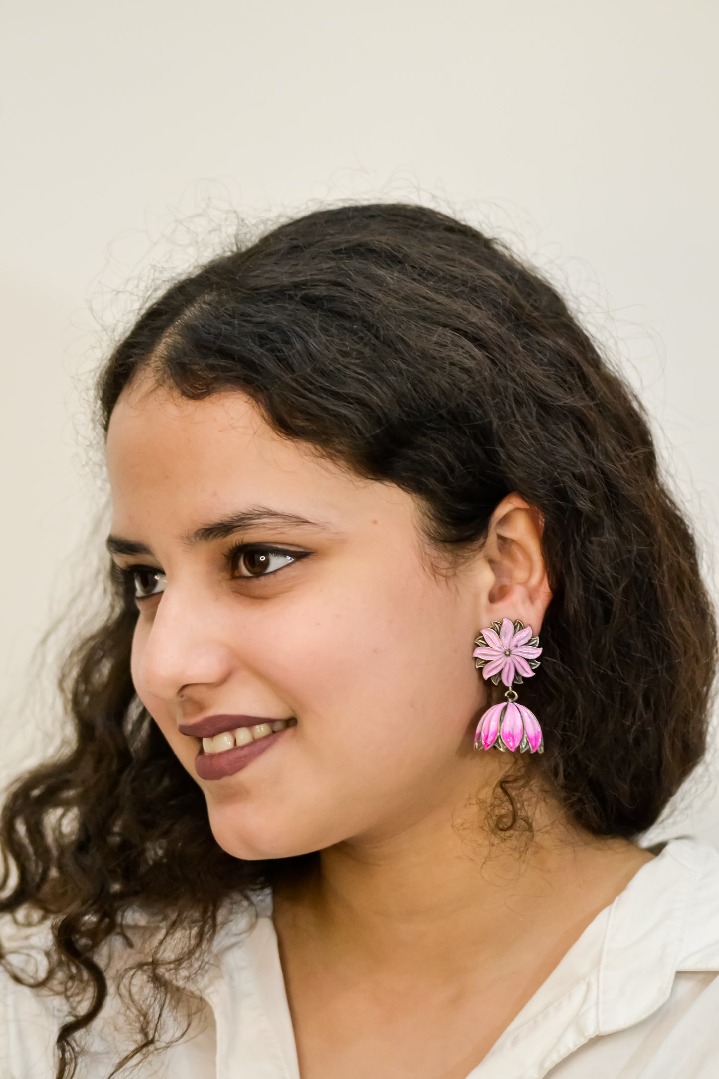 OXIDISED HAND PAINTED LOTUS JHUMKI EARRINGS