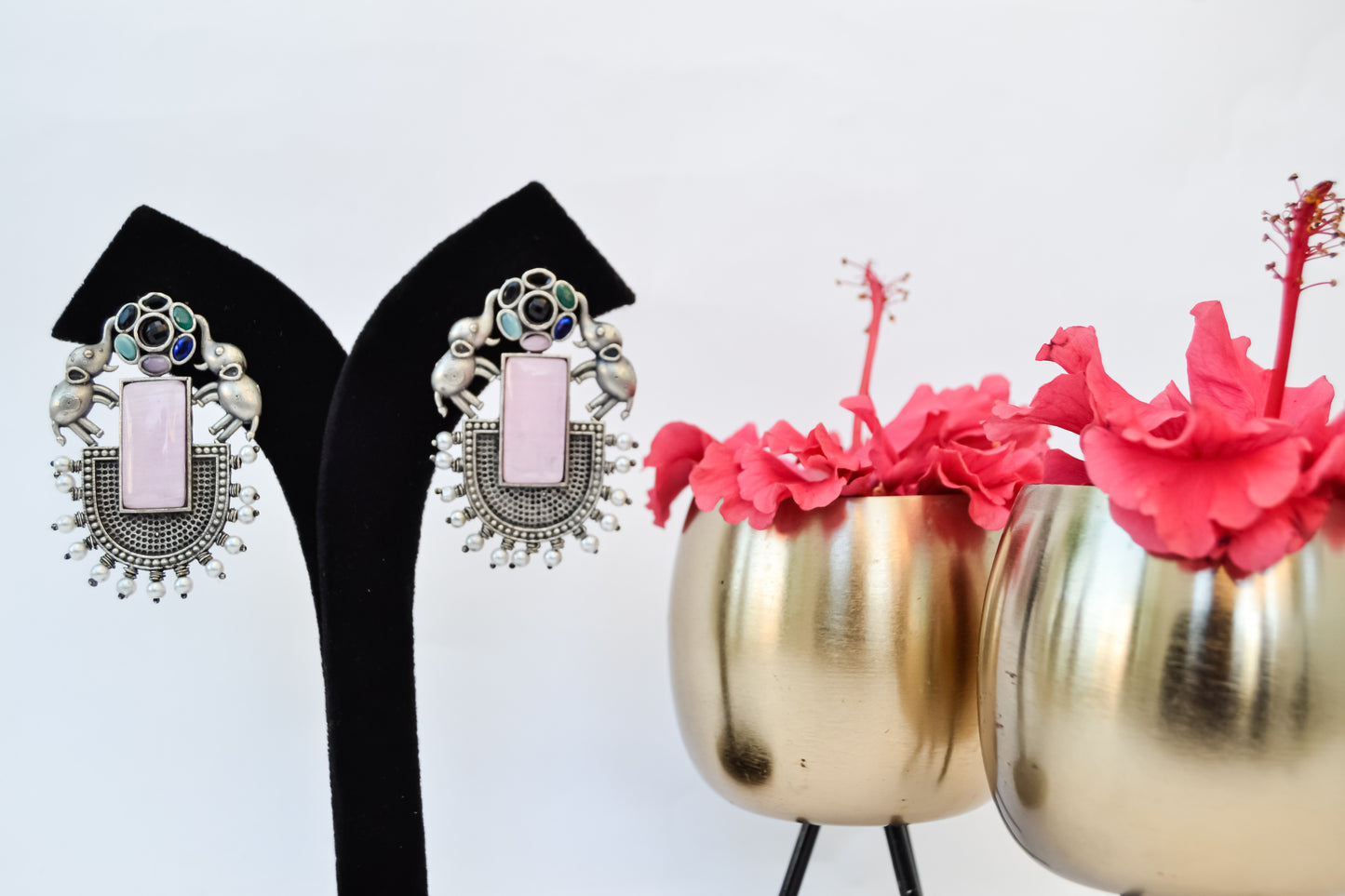 OXIDISED MULTI ELEPHANT EARRINGS WITH PINK STONE