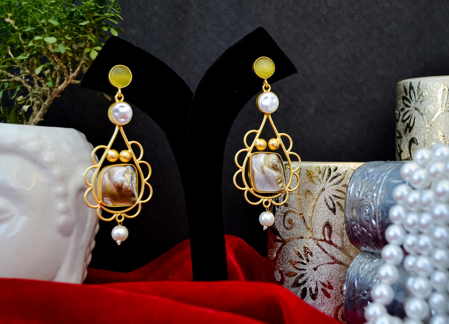 GREEN STONE DANGLING MOTHER OF PEARL EARRINGS WITH PEARL DROP