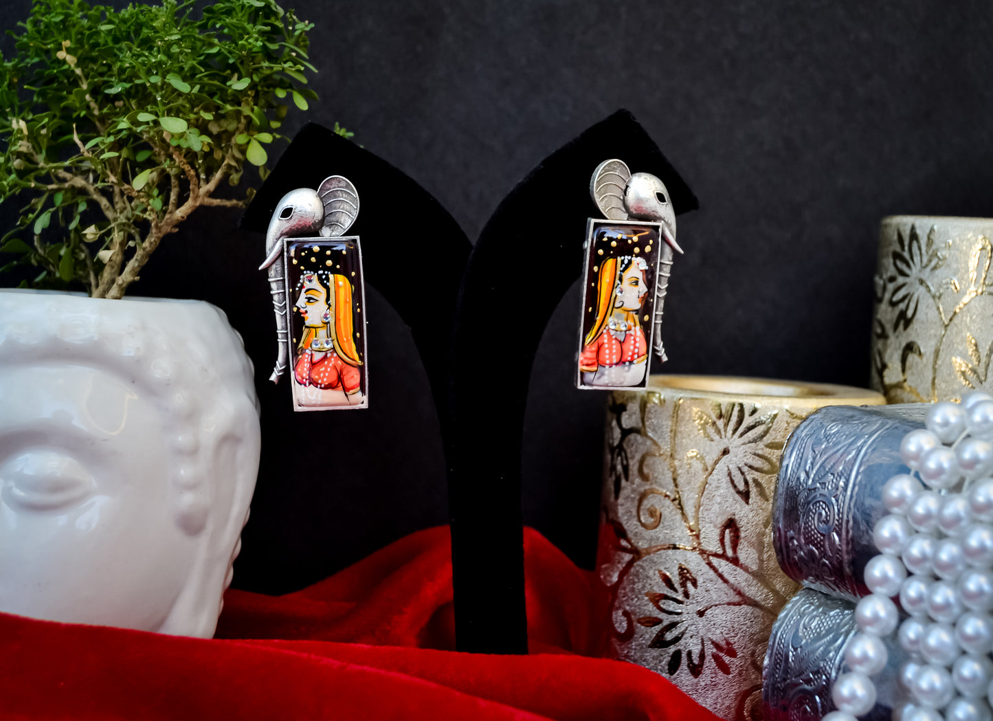 OXIDISED MAGENTA HANDPAINTED ELEPHANT EARRINGS