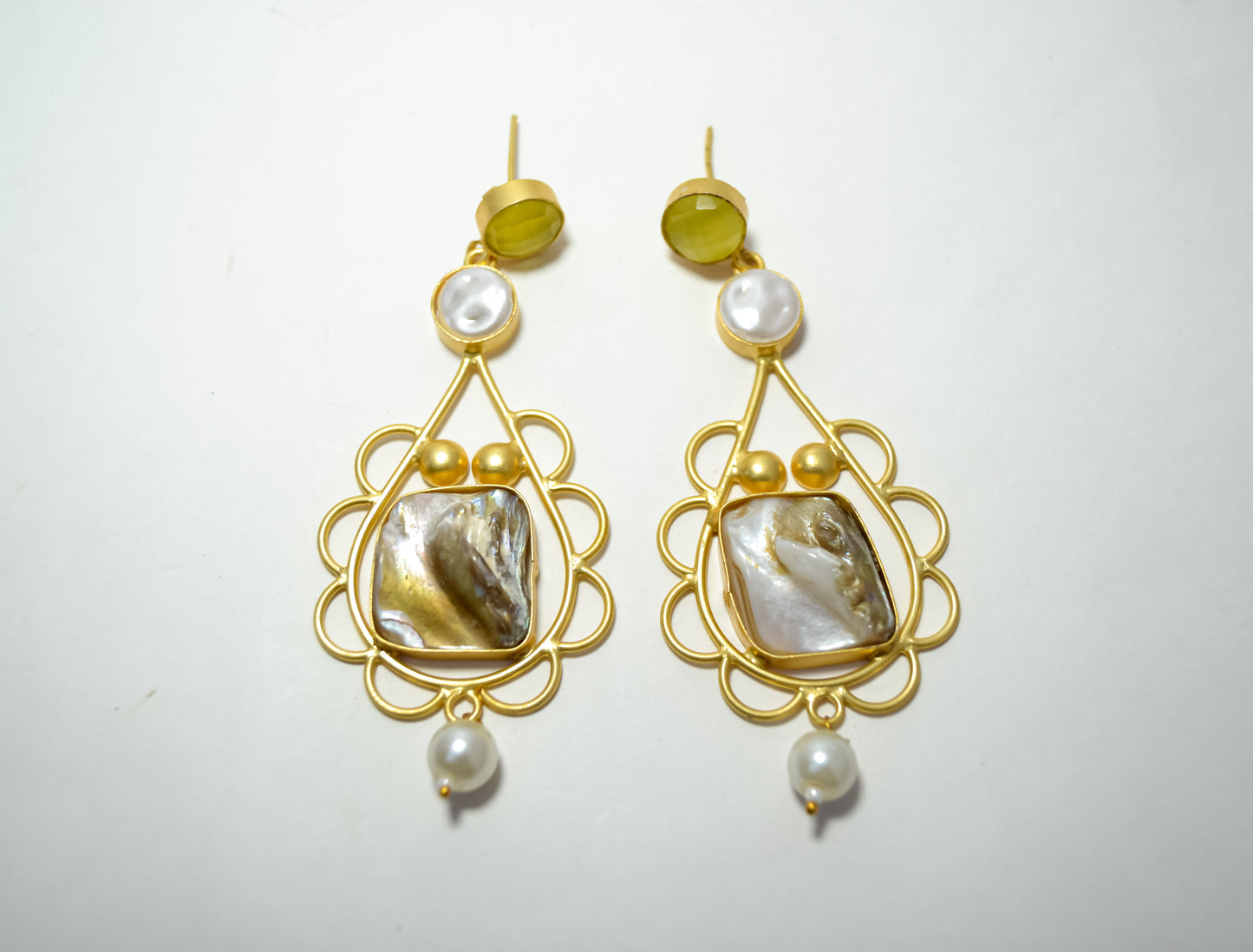 GREEN STONE DANGLING MOTHER OF PEARL EARRINGS WITH PEARL DROP