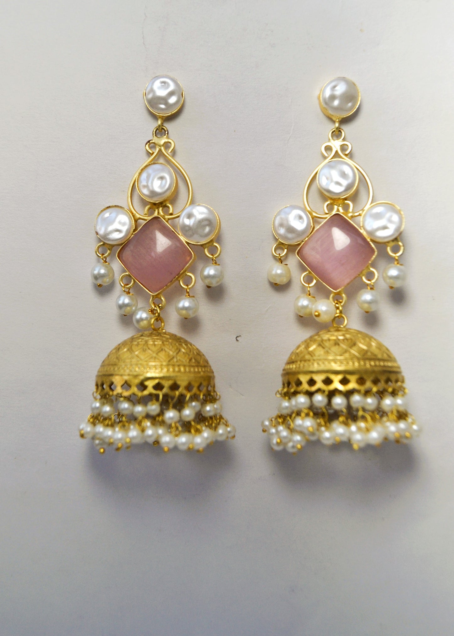 LONG JHUMKI EARRINGS WITH PEARLS AND PINK STONE