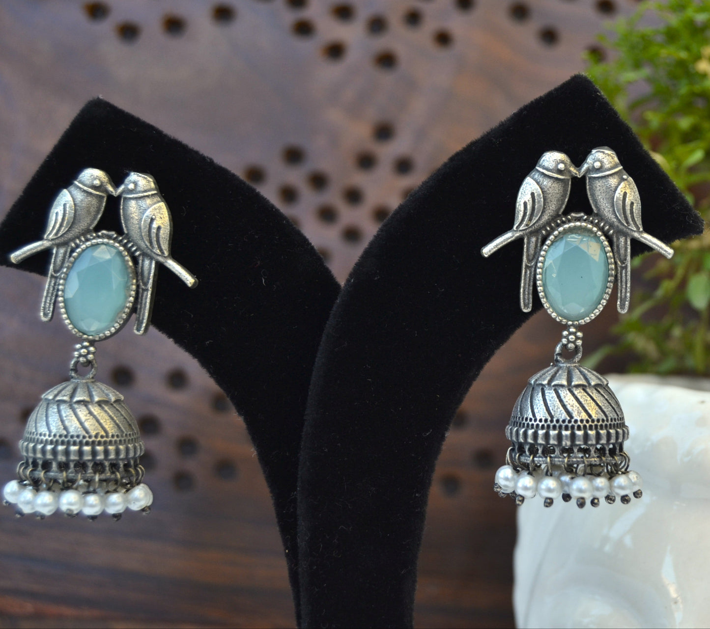 OXIDISED PARROT JHUMKA EARRINGS WITH BLUE STONE
