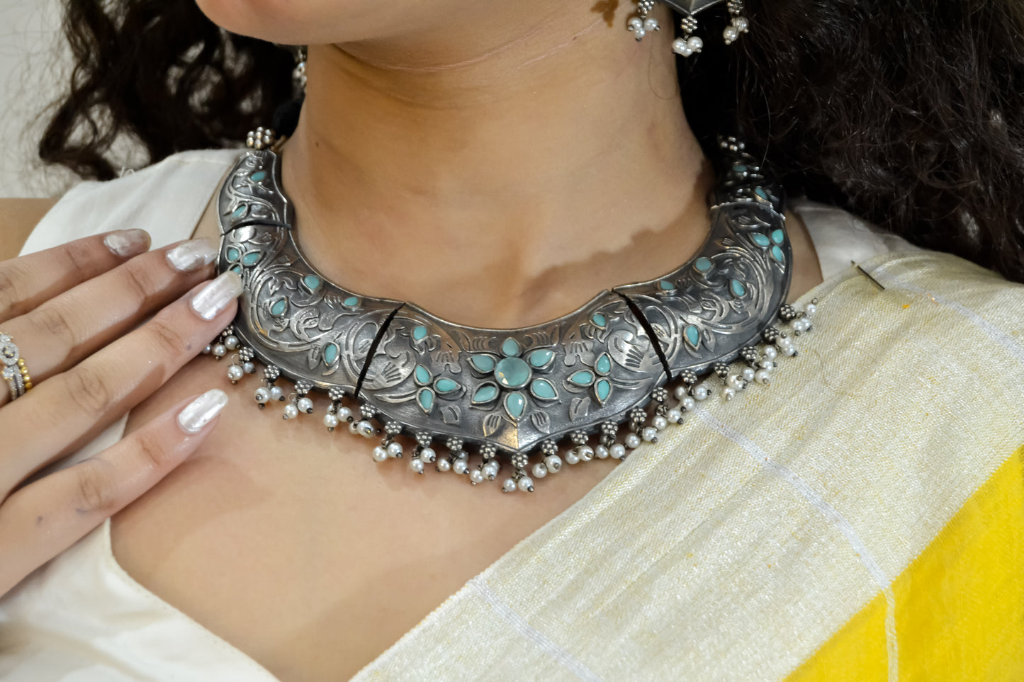 OXIDISED ANTIQUE BLUE CHOKER SET