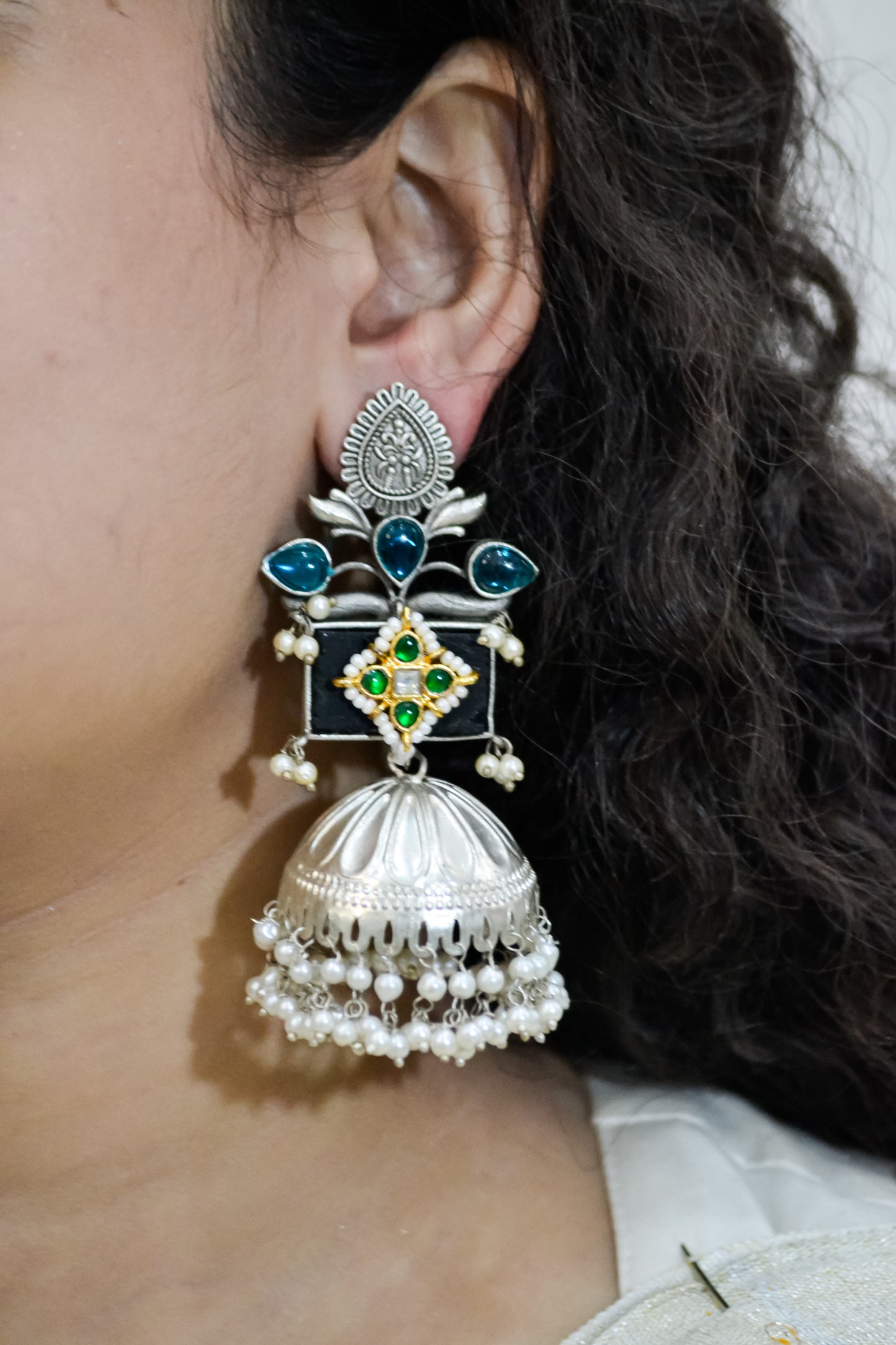 Silver Jhumkas With Black Stone