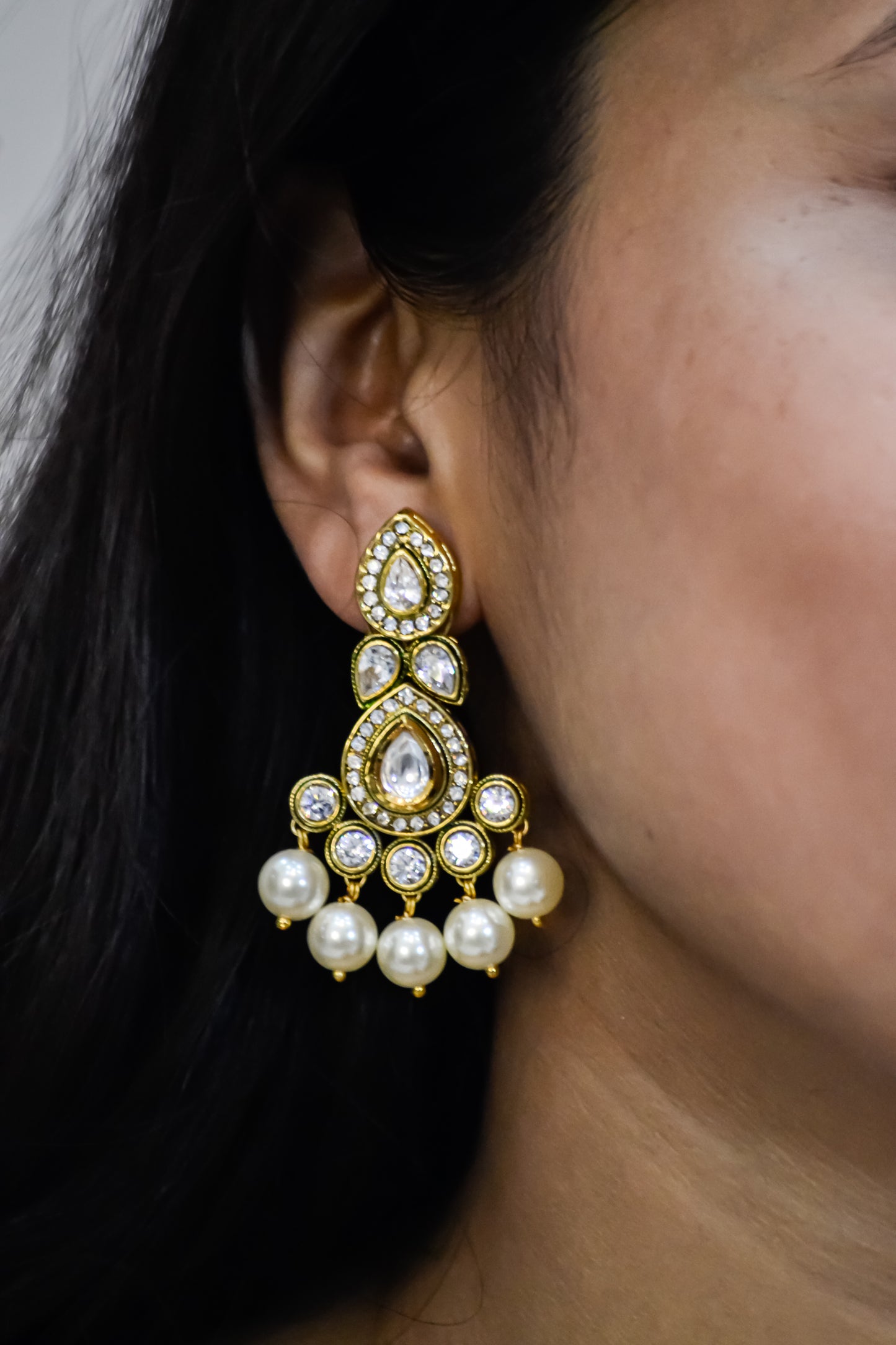 TRADITIONAL POLKI EARRINGS WITH MULTIPL PEARL DROPS