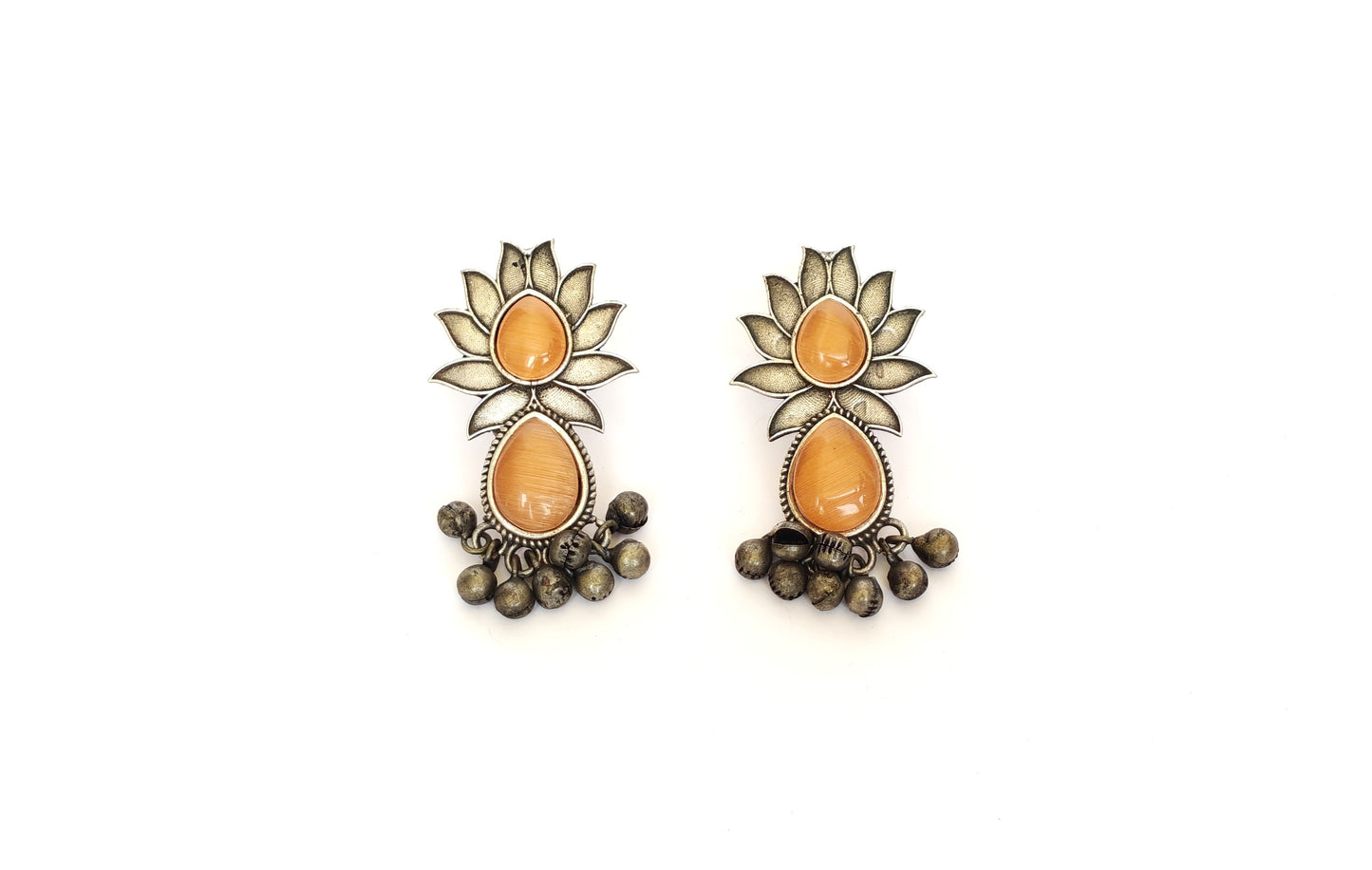 OXIDISED LOTUS EARRINGS WITH ORANGE STONE