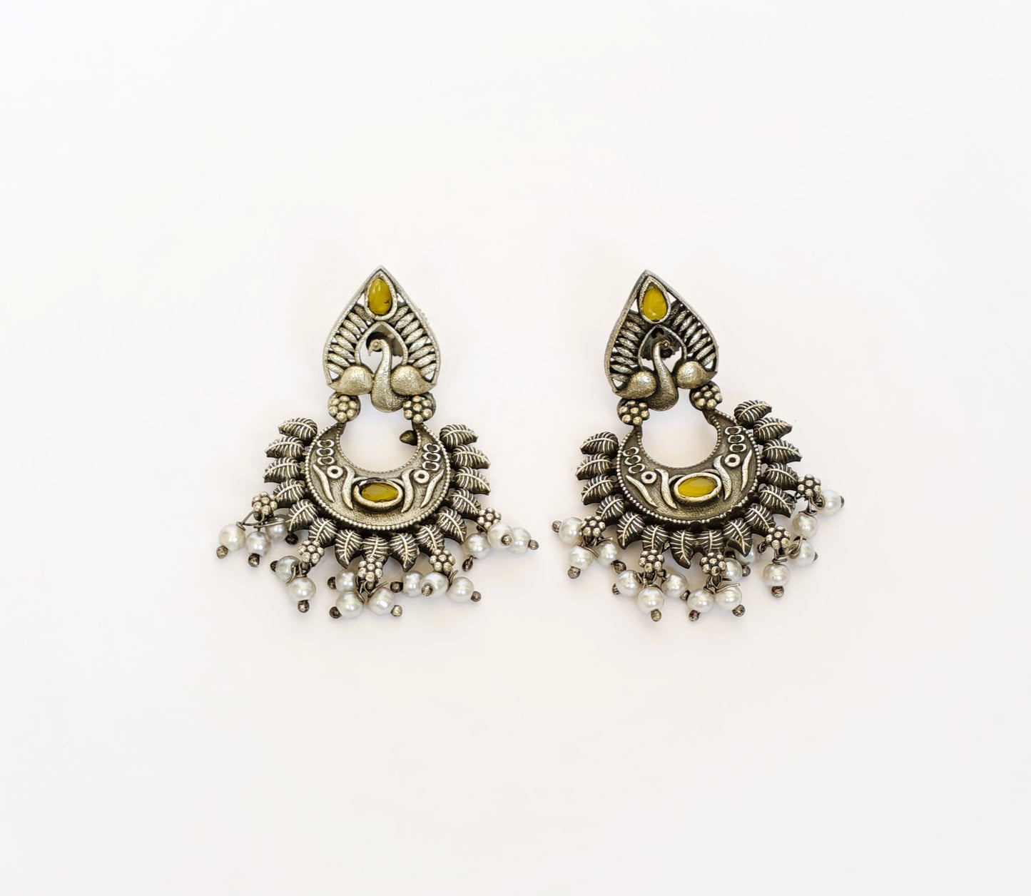 OXIDISED CHANDBALI EARRINGS WITH YELLOW STONE