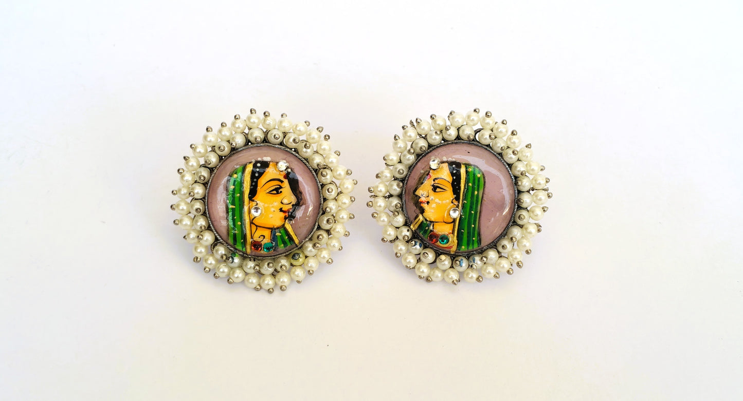 HAND PAINTED STUD EARRINGS WITH PEARL DETAILING