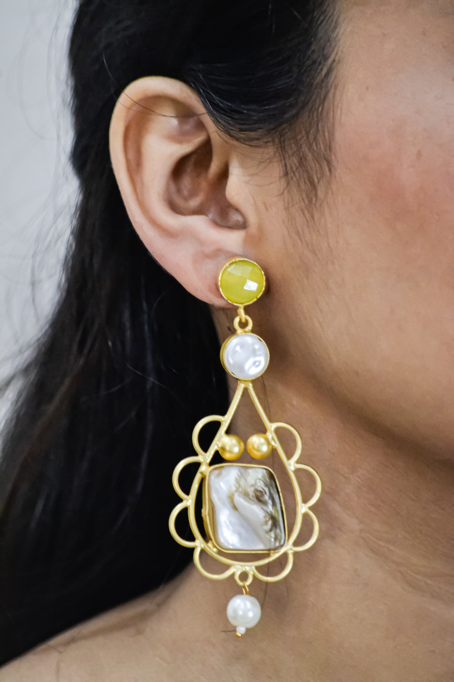 GREEN STONE DANGLING MOTHER OF PEARL EARRINGS WITH PEARL DROP