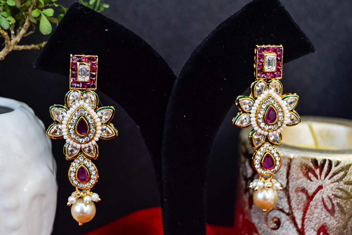 TRADITIONAL PINK STONE POLKI EARRINGS