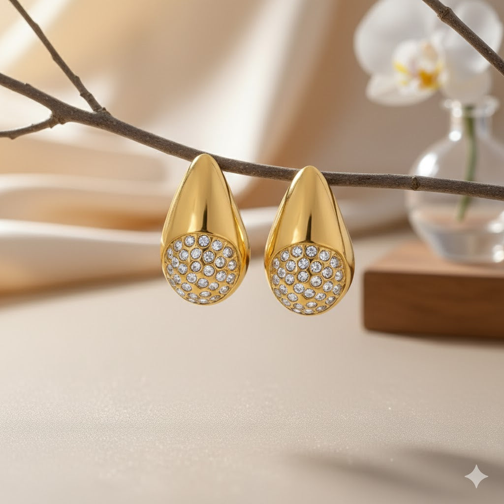 ANTI TARNISH DROP SHAPED STUD EARRING WITH CRYSTAL DETAILS