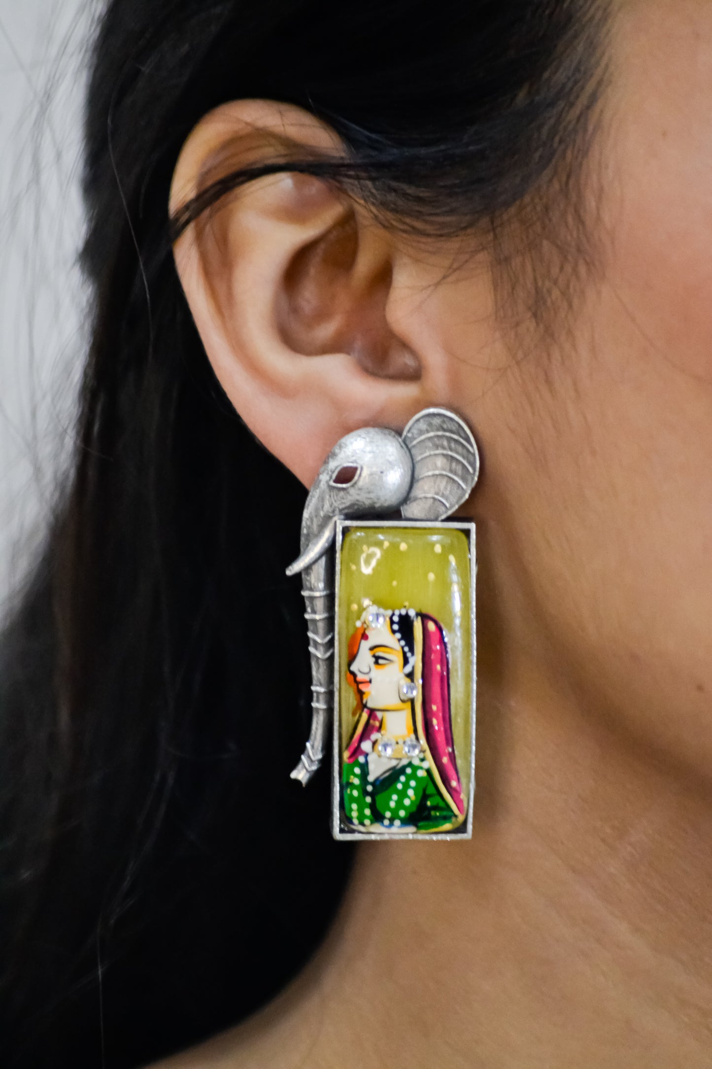 OXIDISED GREEN HANDPAINTED ELEPHANT EARRINGS