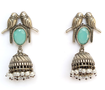OXIDISED PARROT JHUMKA EARRINGS WITH BLUE STONE