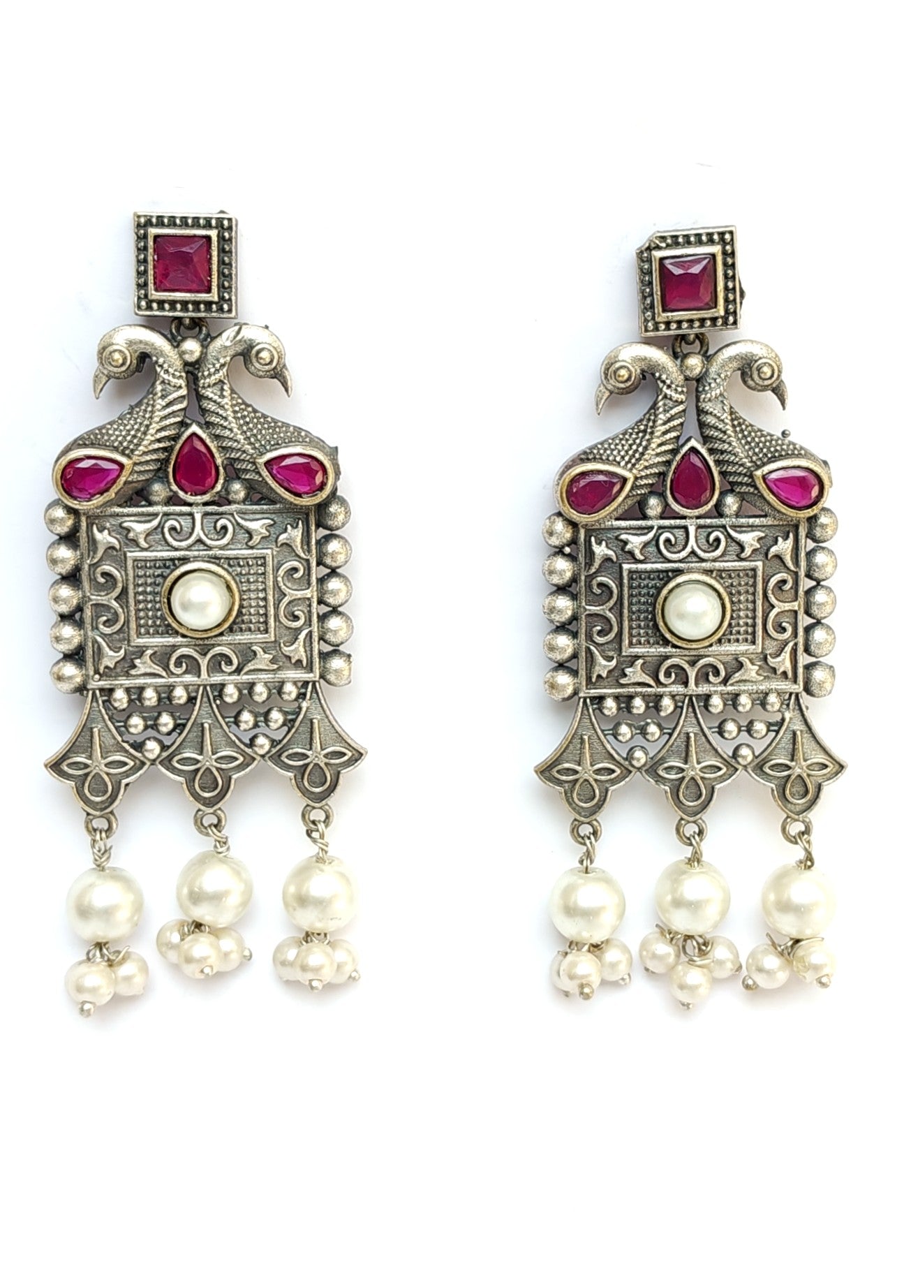 OXIDISED PEACOCK EARRINGS WITH PINK STONES