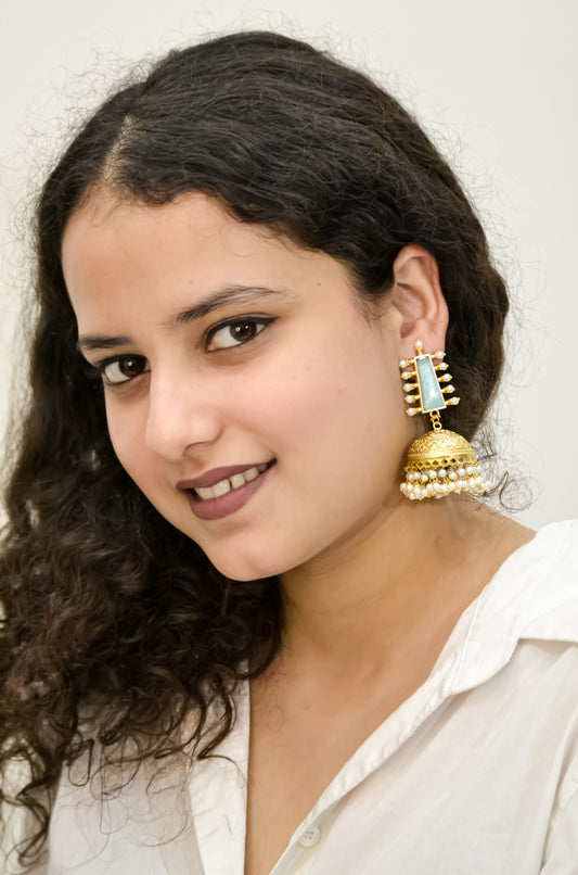 TRADITIONAL JHUMKI EARRINGS WITH BLUE MONALISA STONE