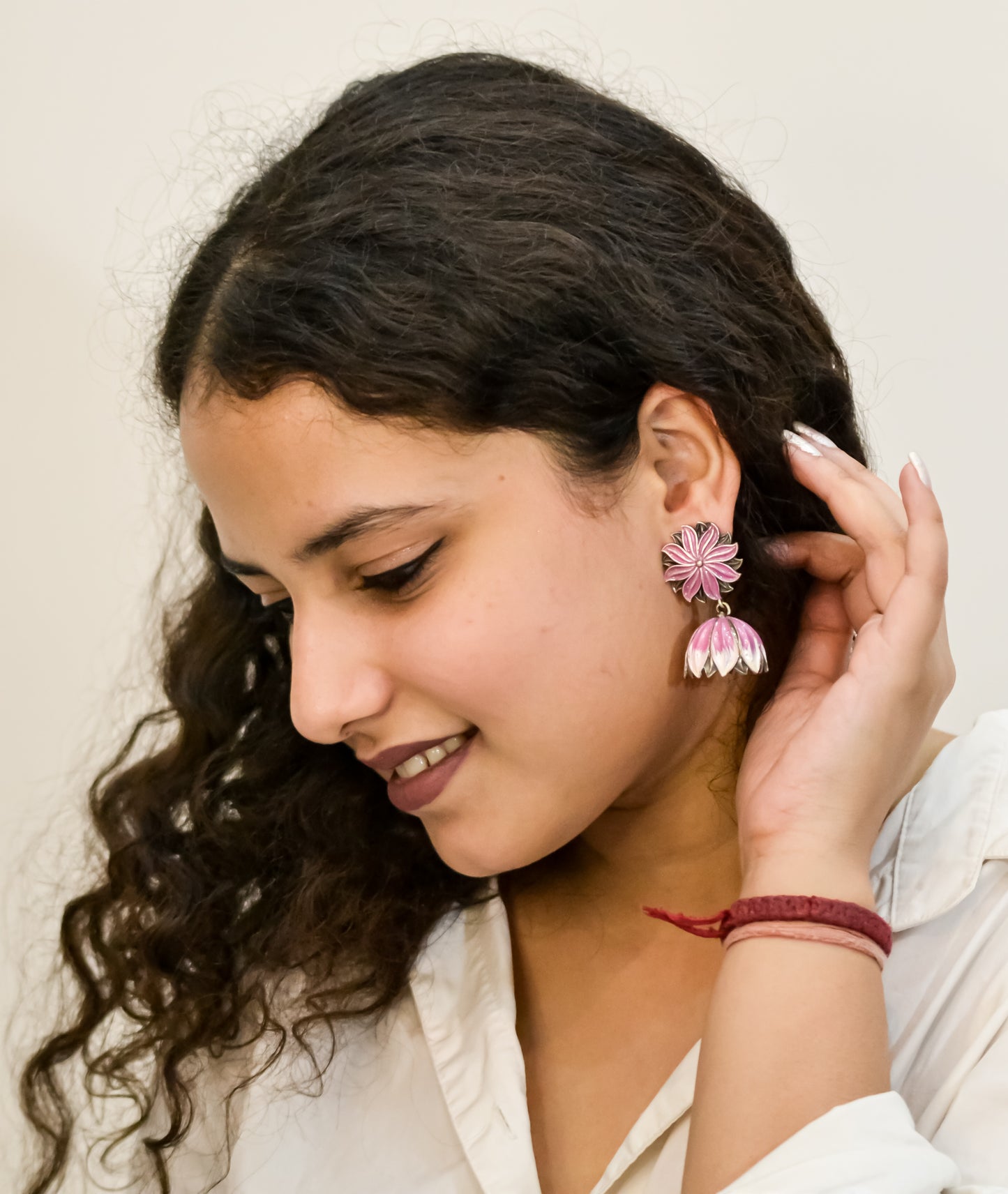 OXIDISED HANDPAINTED LOTUS JHUMKI EARRINGS