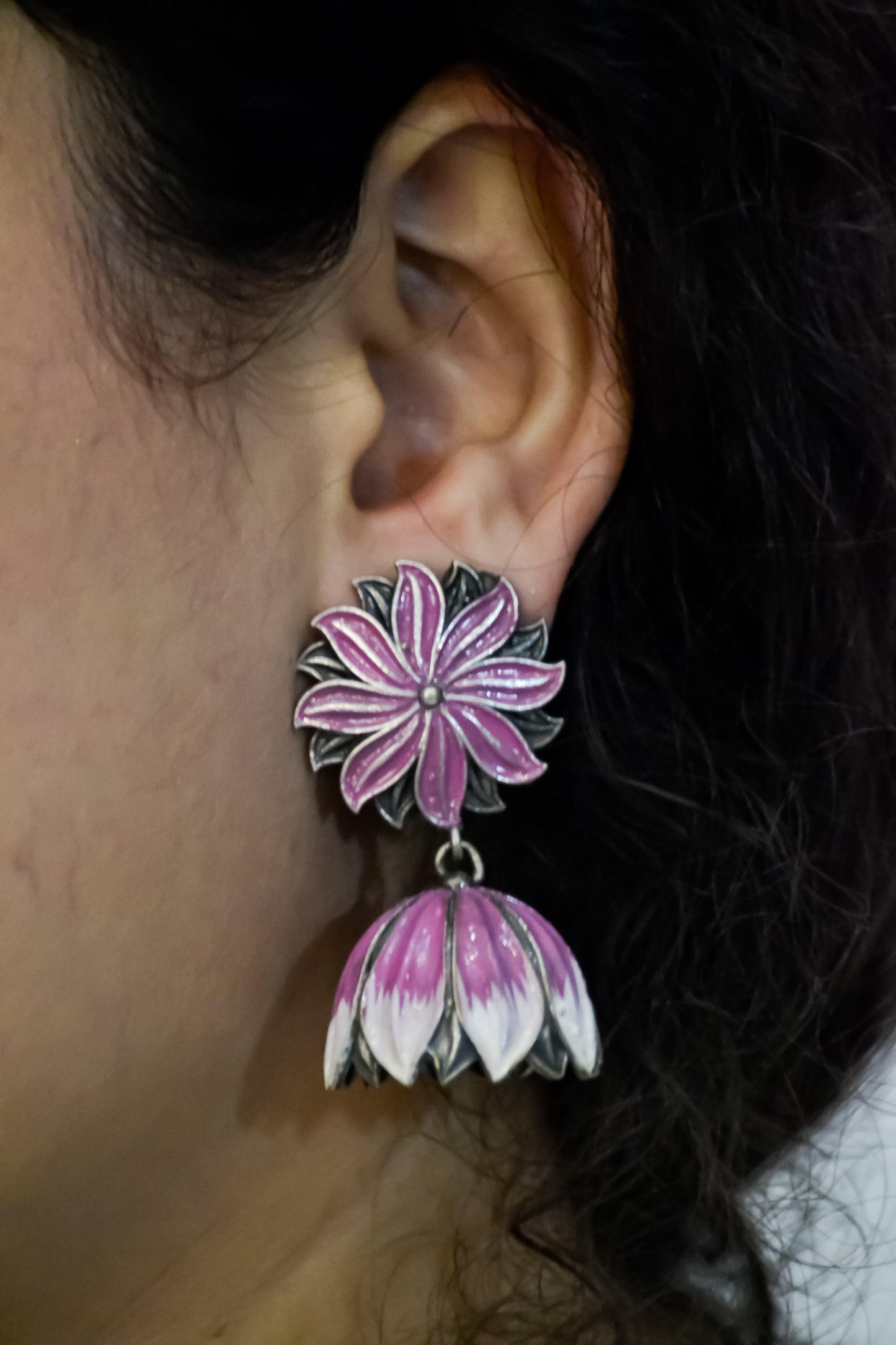 OXIDISED HANDPAINTED LOTUS JHUMKI EARRINGS