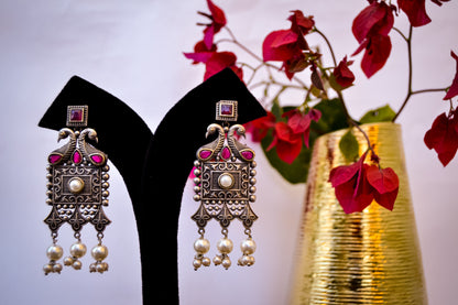 OXIDISED PEACOCK EARRINGS WITH PINK STONES