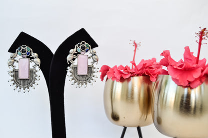 OXIDISED MULTI ELEPHANT EARRINGS WITH PINK STONE