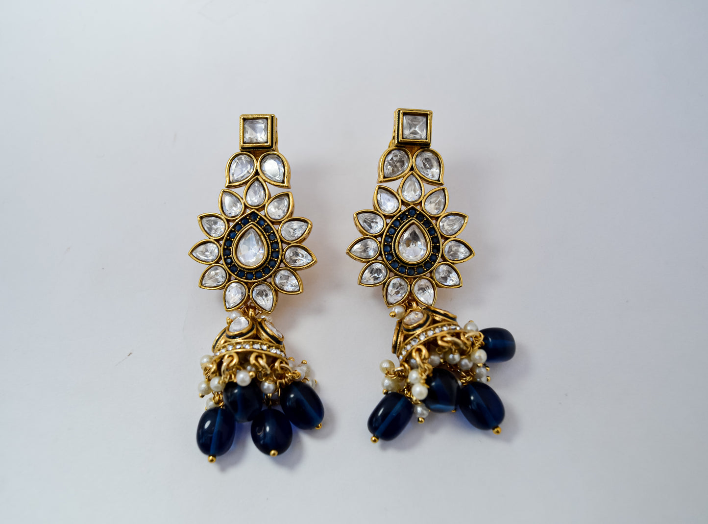 TRADITIONAL POLKI JHUMKAS WITH BLUE STONE DROPS