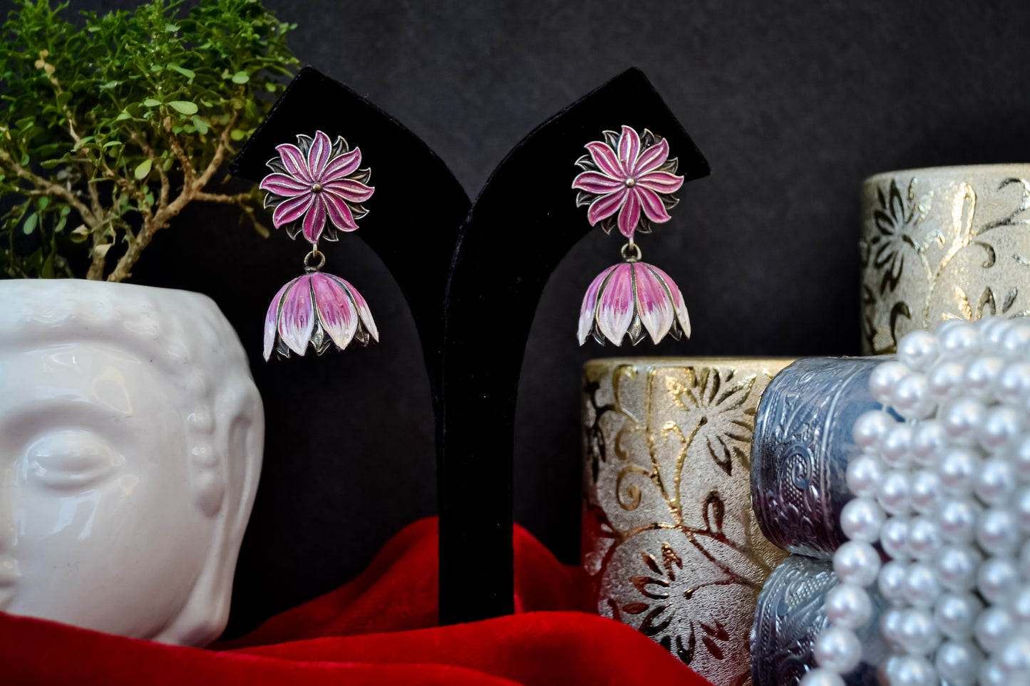 OXIDISED HANDPAINTED LOTUS JHUMKI EARRINGS