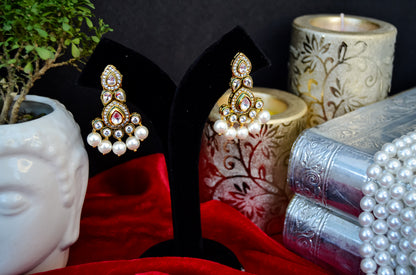 TRADITIONAL POLKI EARRINGS WITH MULTIPL PEARL DROPS