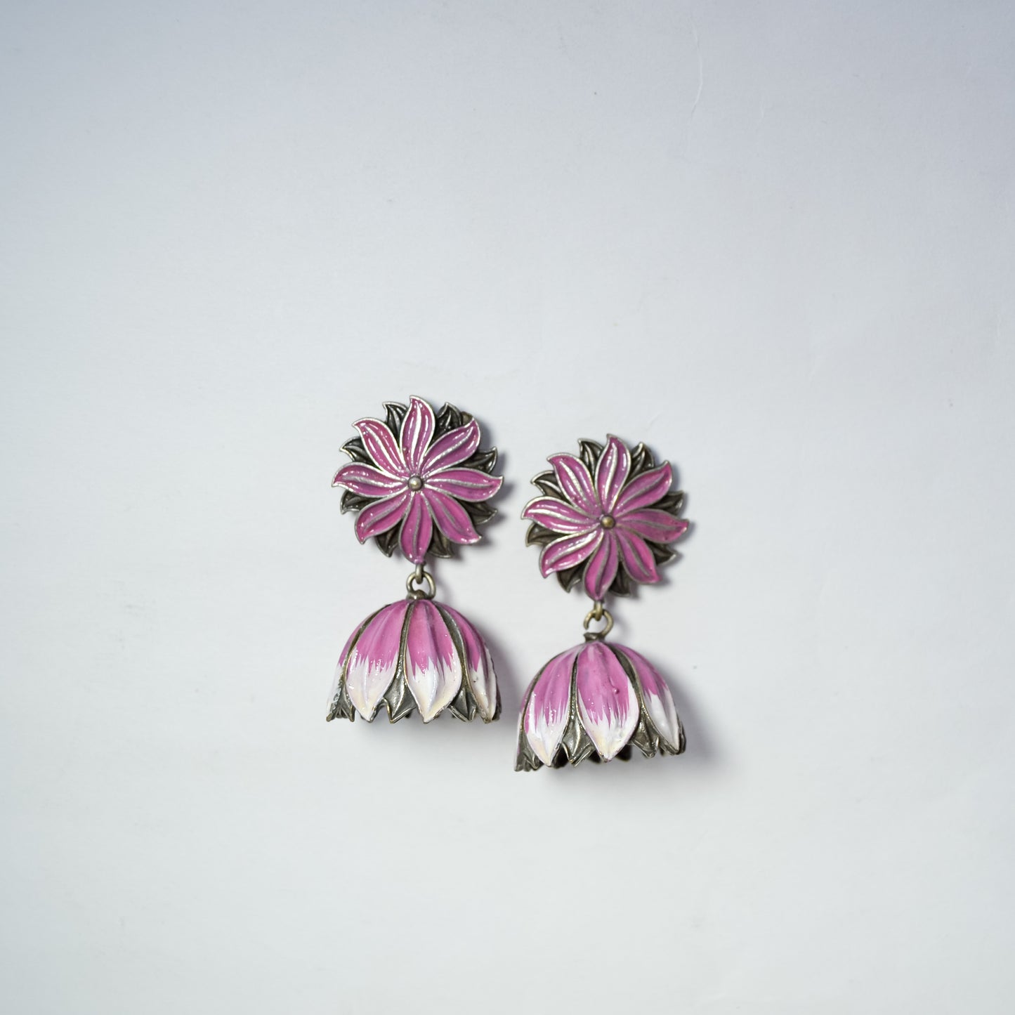 OXIDISED HANDPAINTED LOTUS JHUMKI EARRINGS