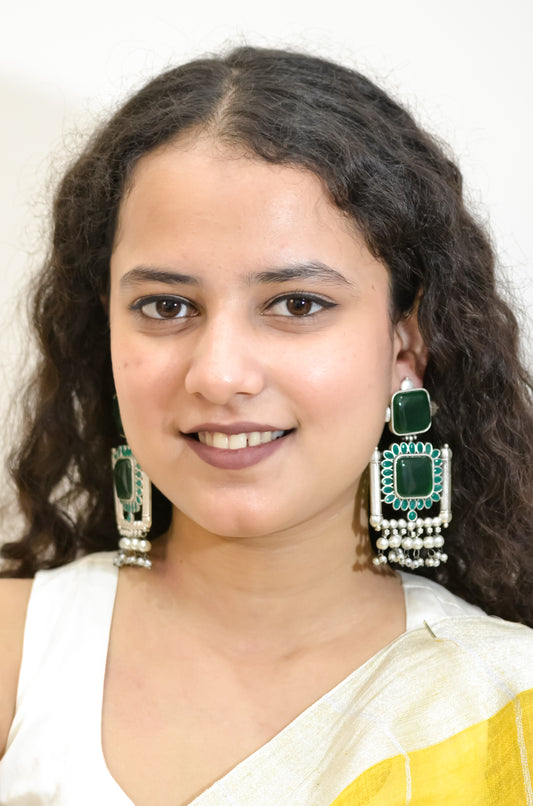 TRADITIONAL OXIDISED EARRINGS WITH GREEN MONALISA STONE