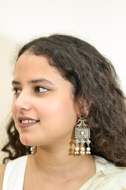 OXIDISED PEACOCK EARRINGS WITH PINK STONES