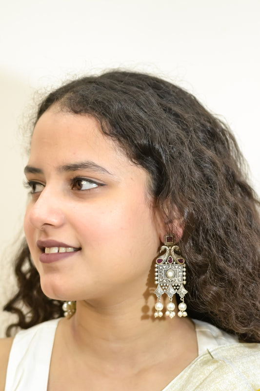 OXIDISED PEACOCK EARRINGS WITH PINK STONES
