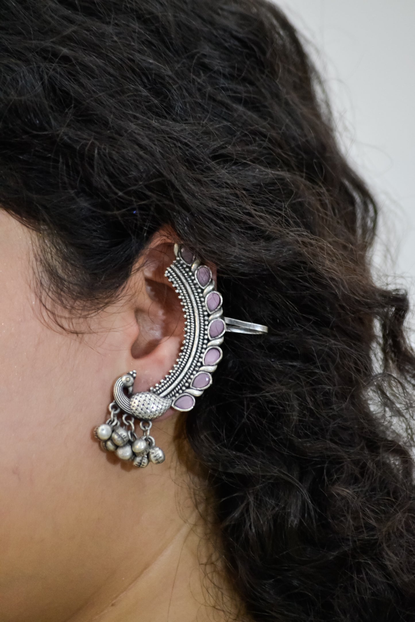 OXIDISED CUFF EARRINGS WITH PINK STONES