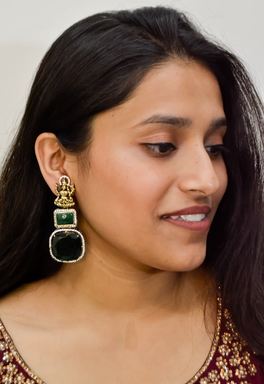 TRADITIONAL LAXMI EARRINGS WITH GREEN EMERALD STONE