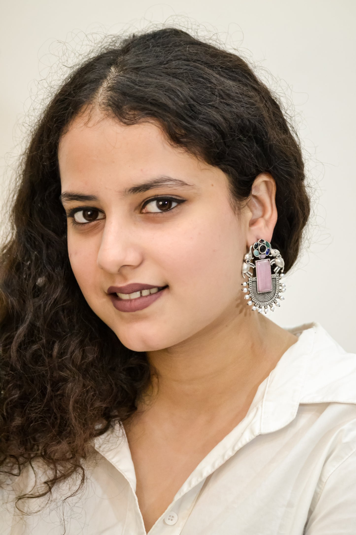 OXIDISED MULTI ELEPHANT EARRINGS WITH PINK STONE
