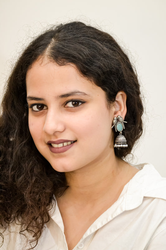 OXIDISED PARROT JHUMKA EARRINGS WITH BLUE STONE