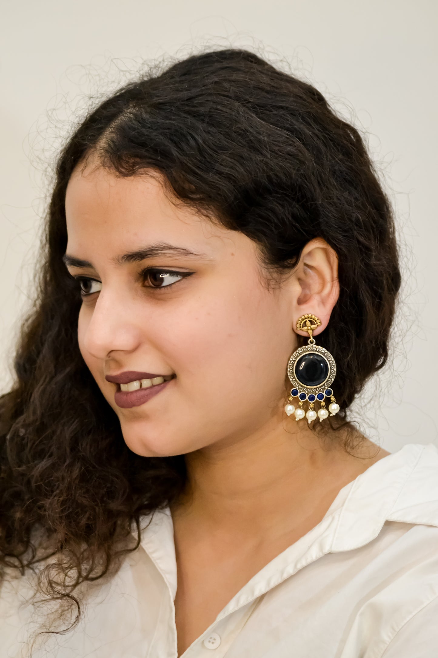 OXIDISED DANGLER EARRINGS WITH BLUE STONE