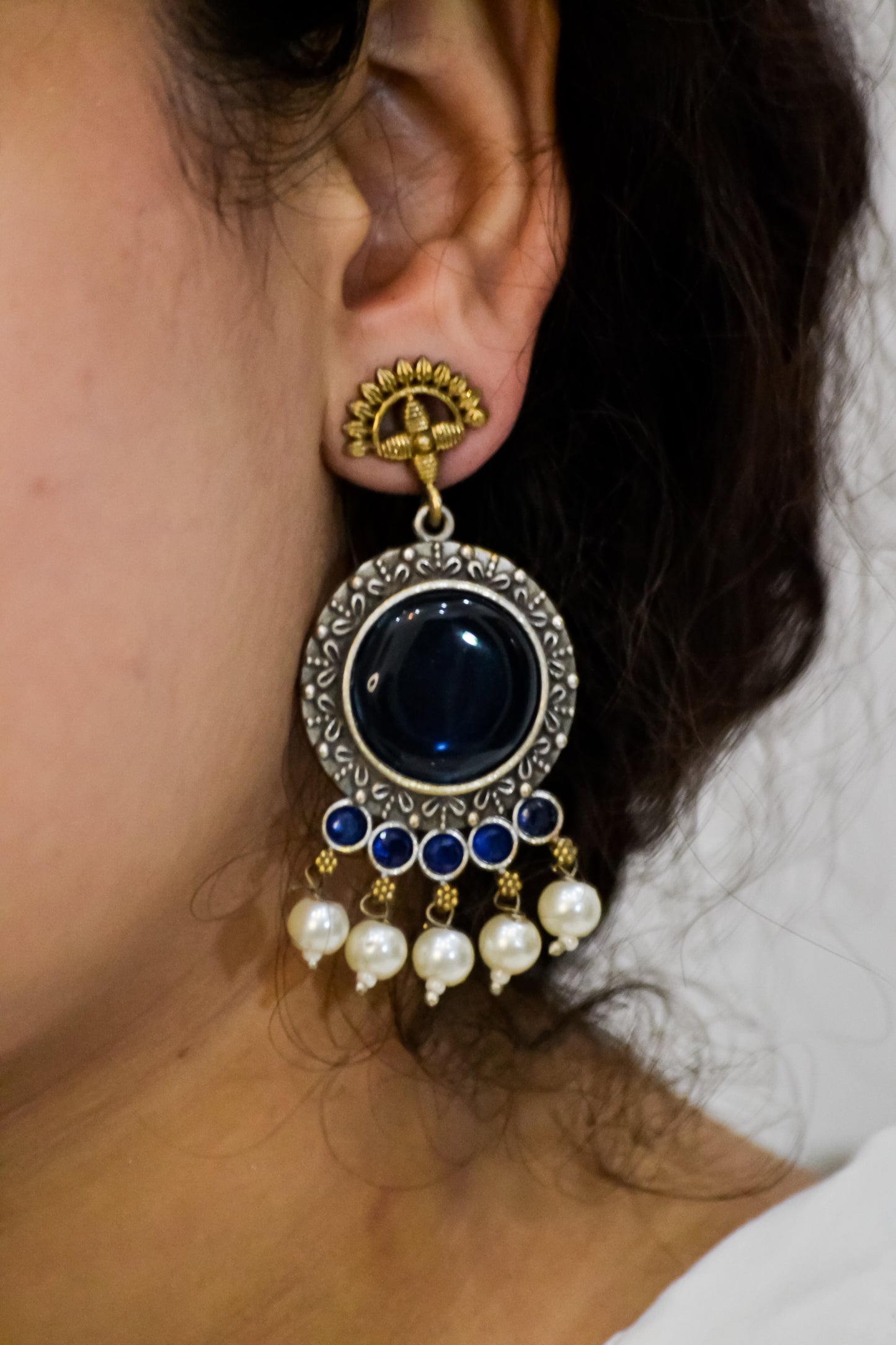 OXIDISED DANGLER EARRINGS WITH BLUE STONE