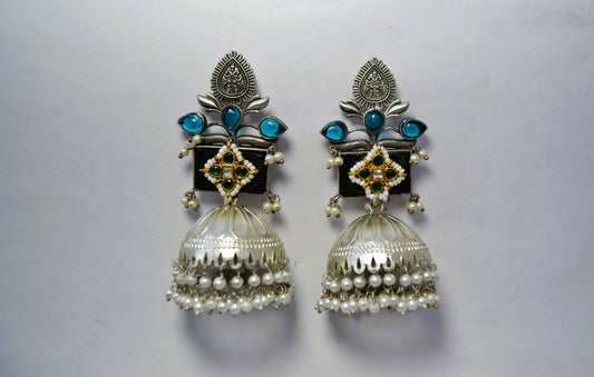 Silver Jhumkas With Black Stone