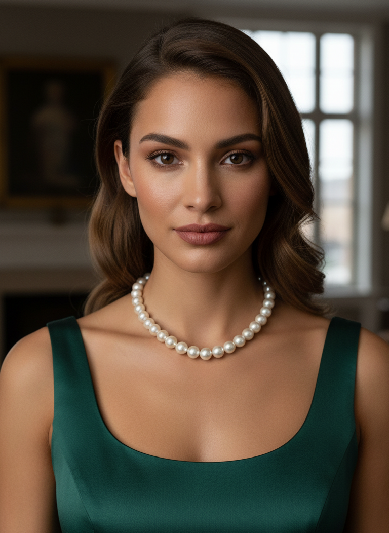 Woman wearing a green dress and pearl necklace indoors