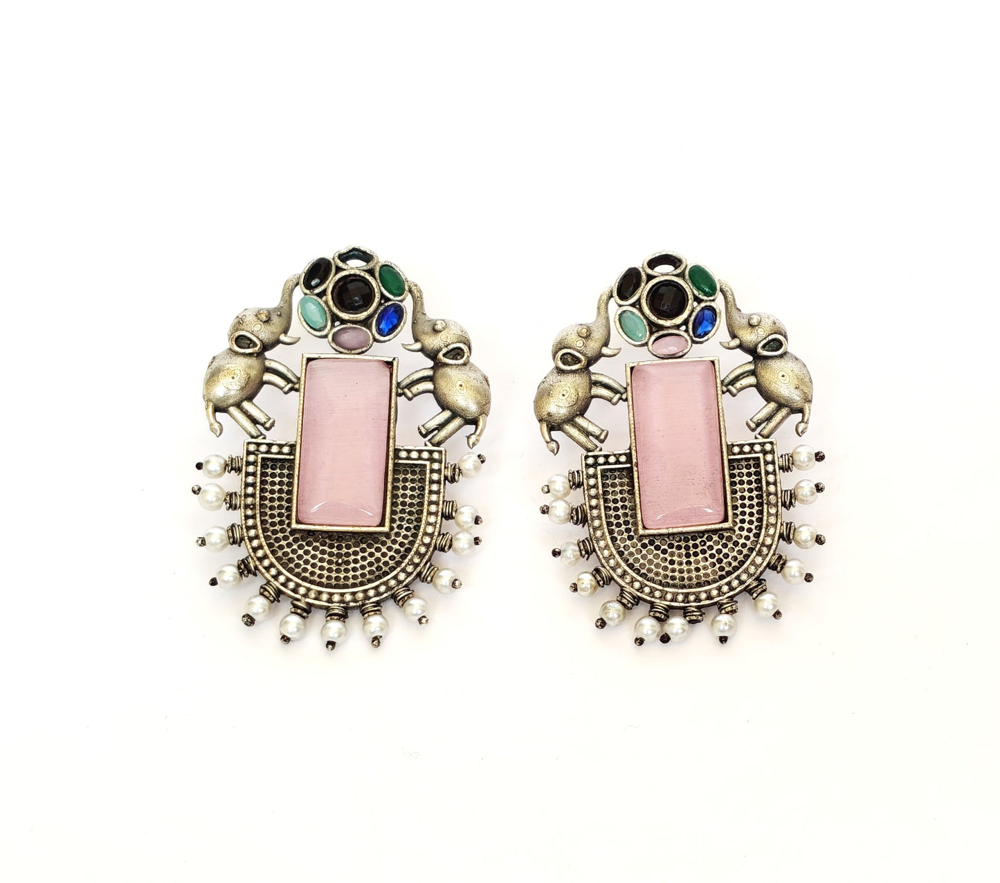 OXIDISED MULTI ELEPHANT EARRINGS WITH PINK STONE