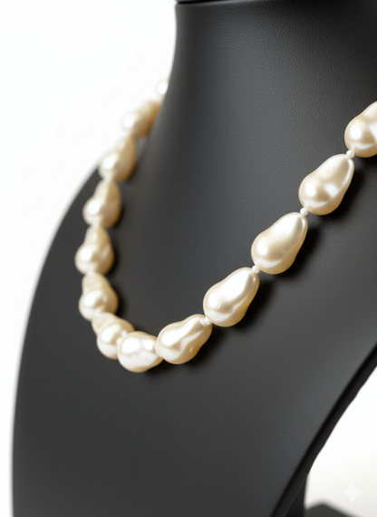 Pearl necklace on a black mannequin torso