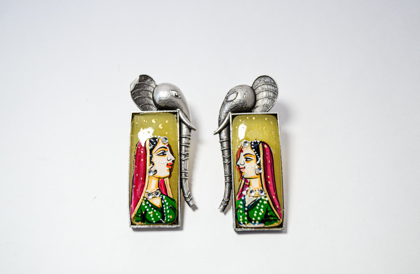 OXIDISED GREEN HANDPAINTED ELEPHANT EARRINGS