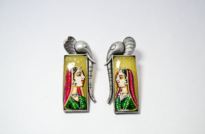 OXIDISED GREEN HANDPAINTED ELEPHANT EARRINGS