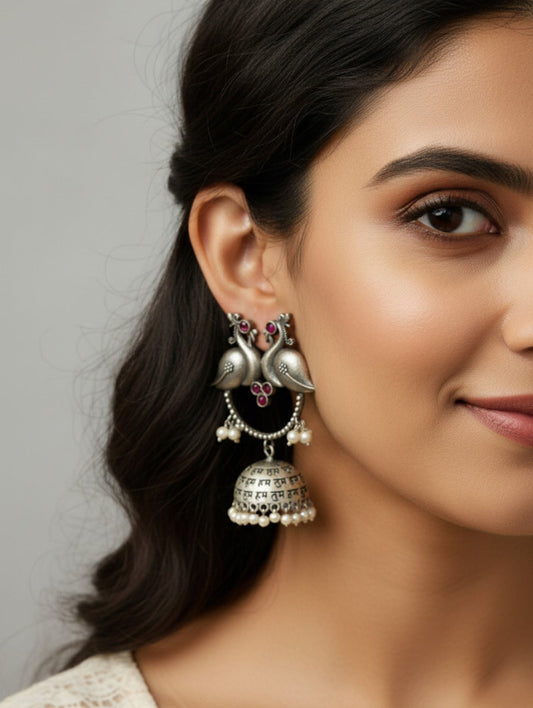OXIDISED JHUMKI EARRING WITH PEACOCK DETAILING