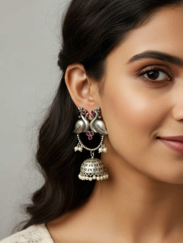 OXIDISED JHUMKI EARRING WITH PEACOCK DETAILING