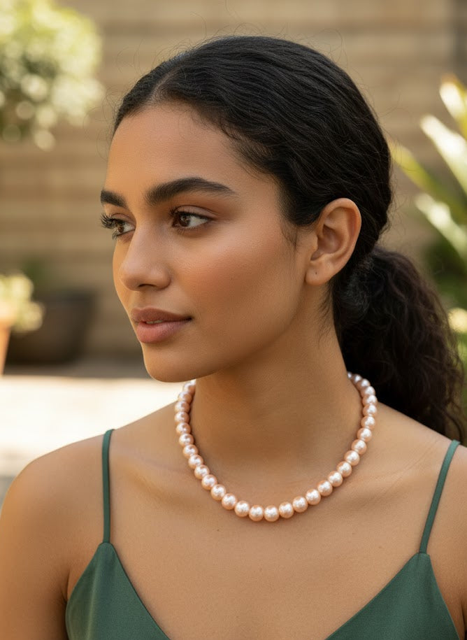 Woman wearing a pearl necklace outdoors with plants in the background